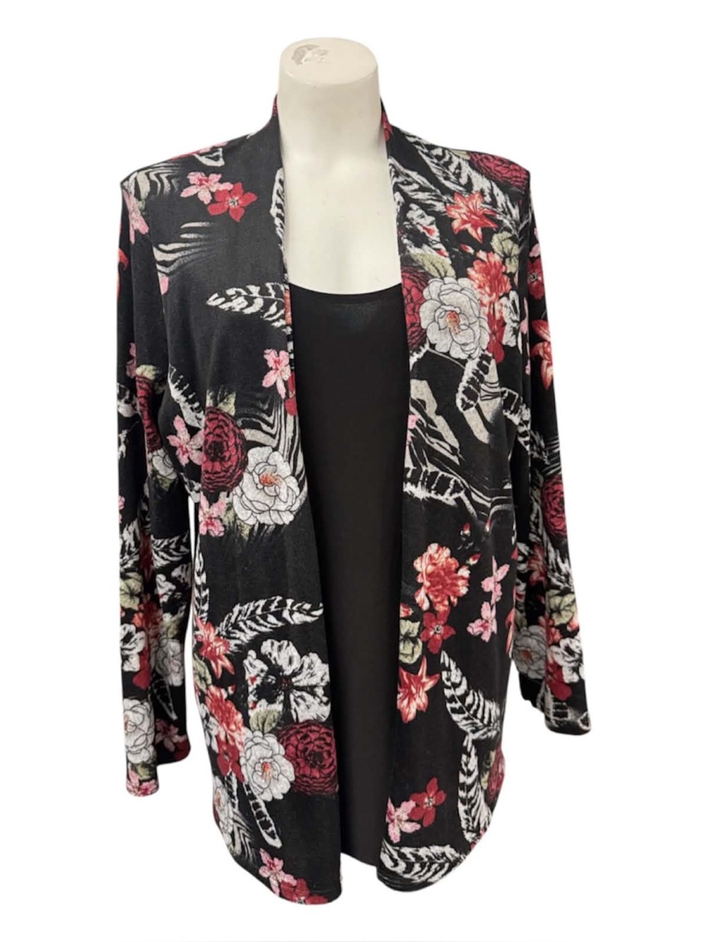 Hamilton Floral Open-Front Jacket - Black with Pink & White Flowers Size L